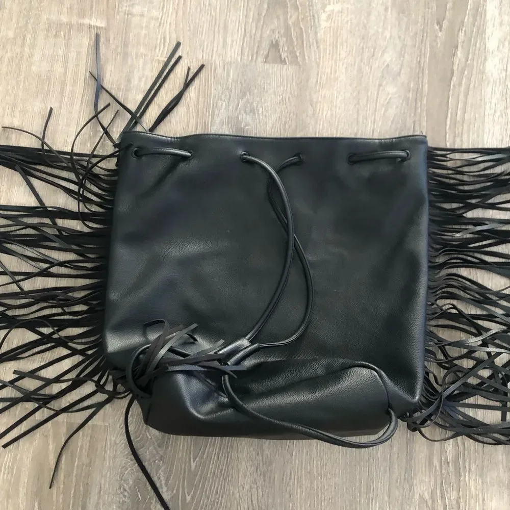 Victoria's Secret Drawstring Fringe Backpack Bag Large Black Purse‎ READ
